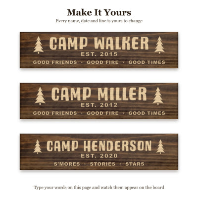 Camp Walker sign shown with three different sets of words on the same walnut board, to show every name, date and line can be changed