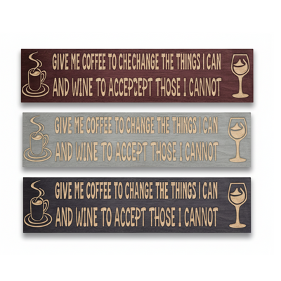 Three color options for the "Give Me Coffee and Wine" sign: Barn Red, Weathered Gray, and Ebony, showing custom finish choices.