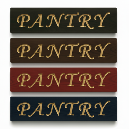 Four carved wooden pantry signs stacked to show available custom color finishes, including black, brown, red, and blue