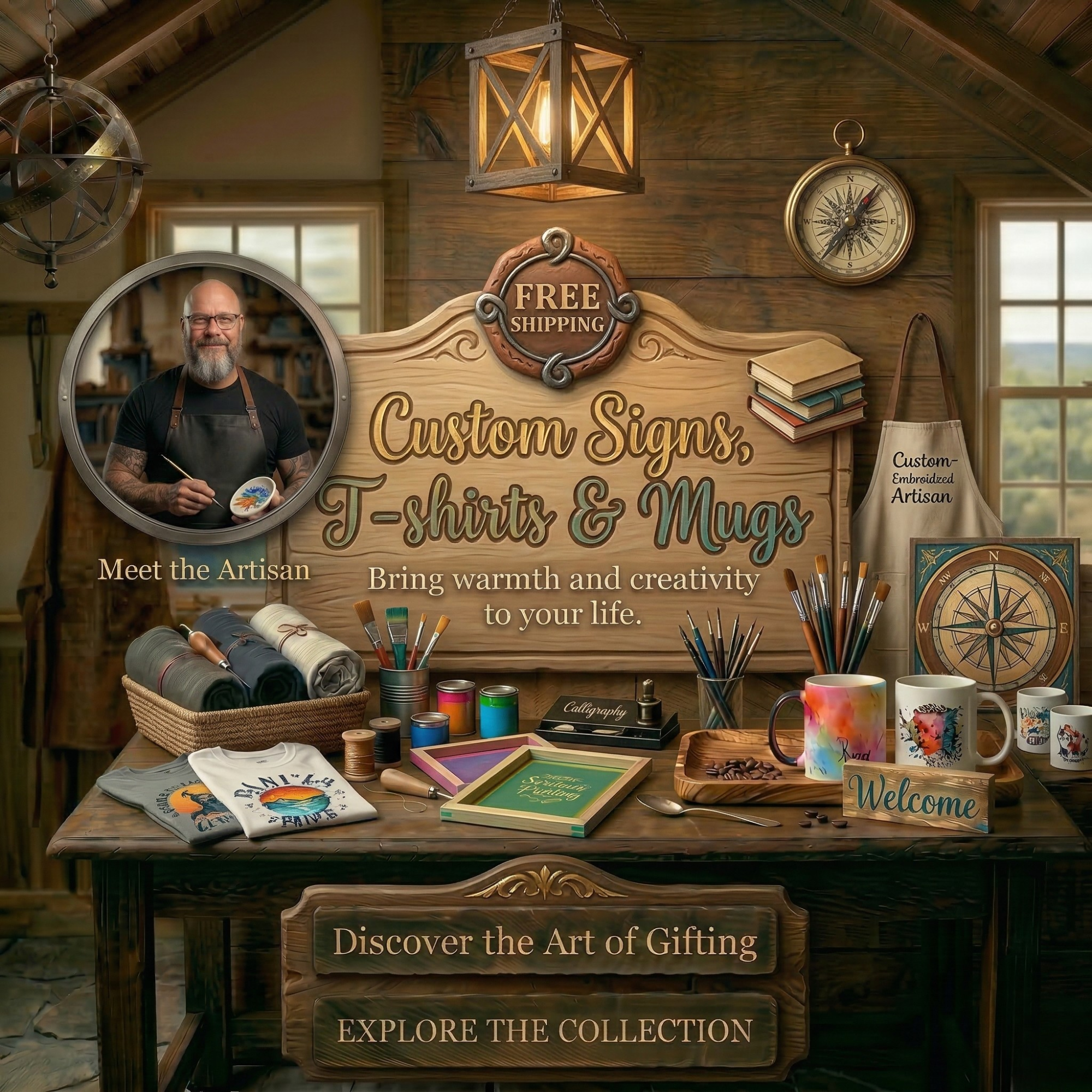 A cozy, rustic woodworking and craft workshop featuring a large wooden sign that reads "Custom Signs, T-shirts & Mugs." The desk displays handcrafted mugs, rolled apparel, and artisan tools, with a circular portrait of a smiling bearded artisan in the corner.
