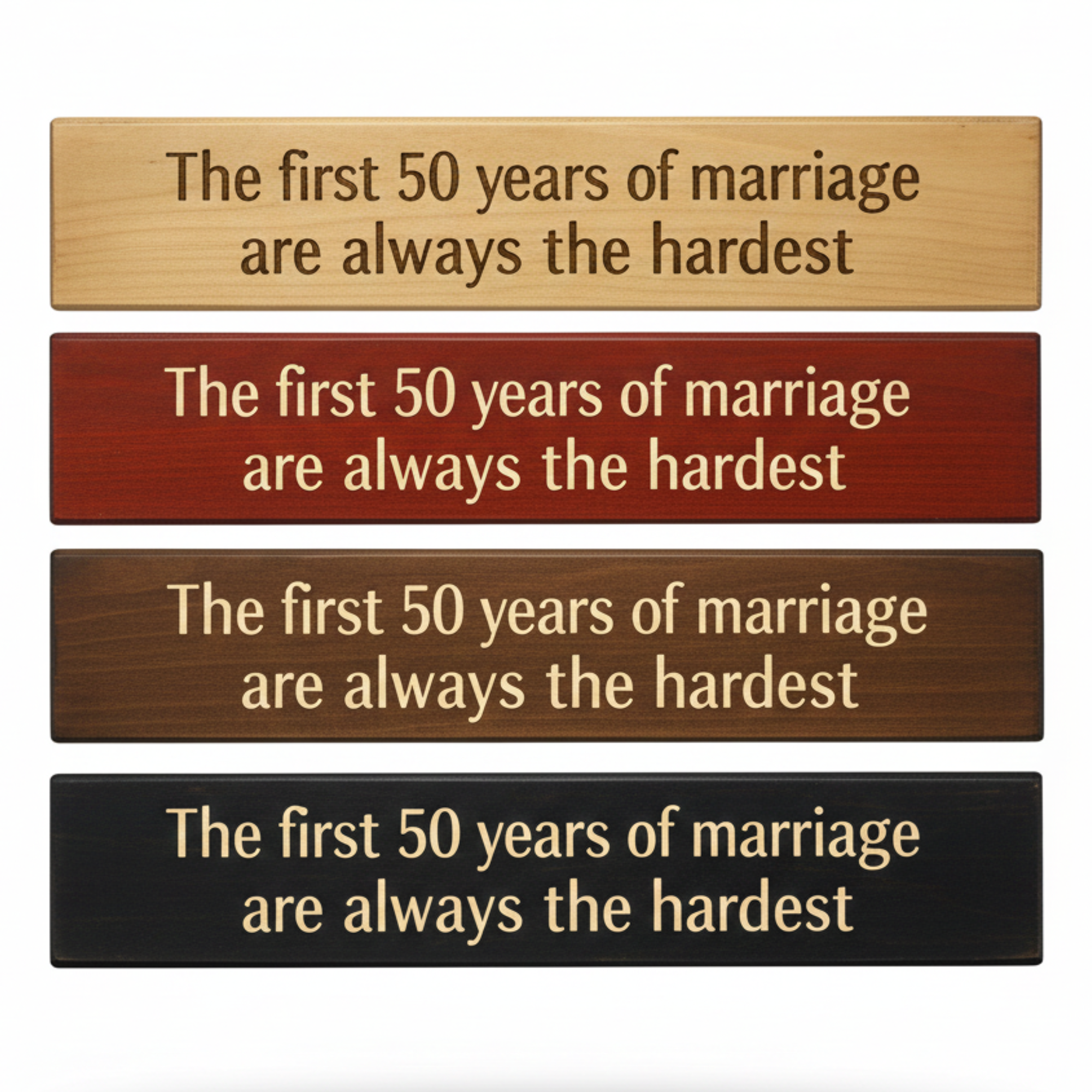 "Comparison of four handcrafted wood finishes: Natural, Barn Red, Dark Walnut, and Ebony for the 50th anniversary carved sign."
