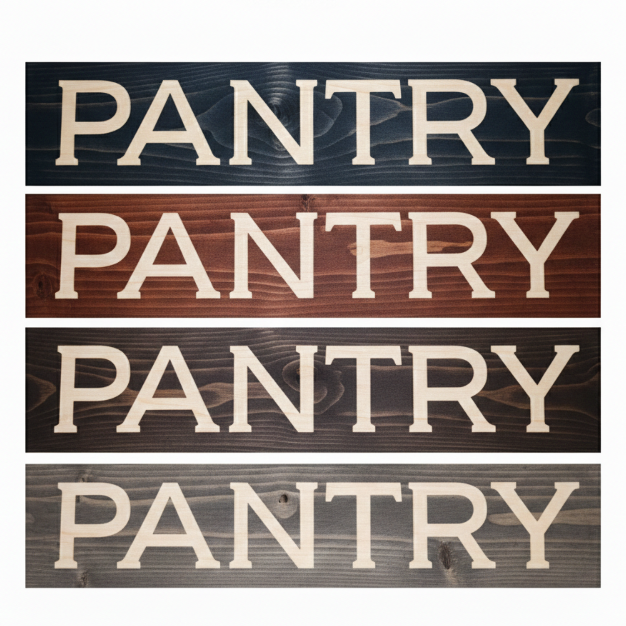 A vertical stack of four PANTRY signs in different wood finishes, including Ebony, Dark Walnut, and Weathered Gray.