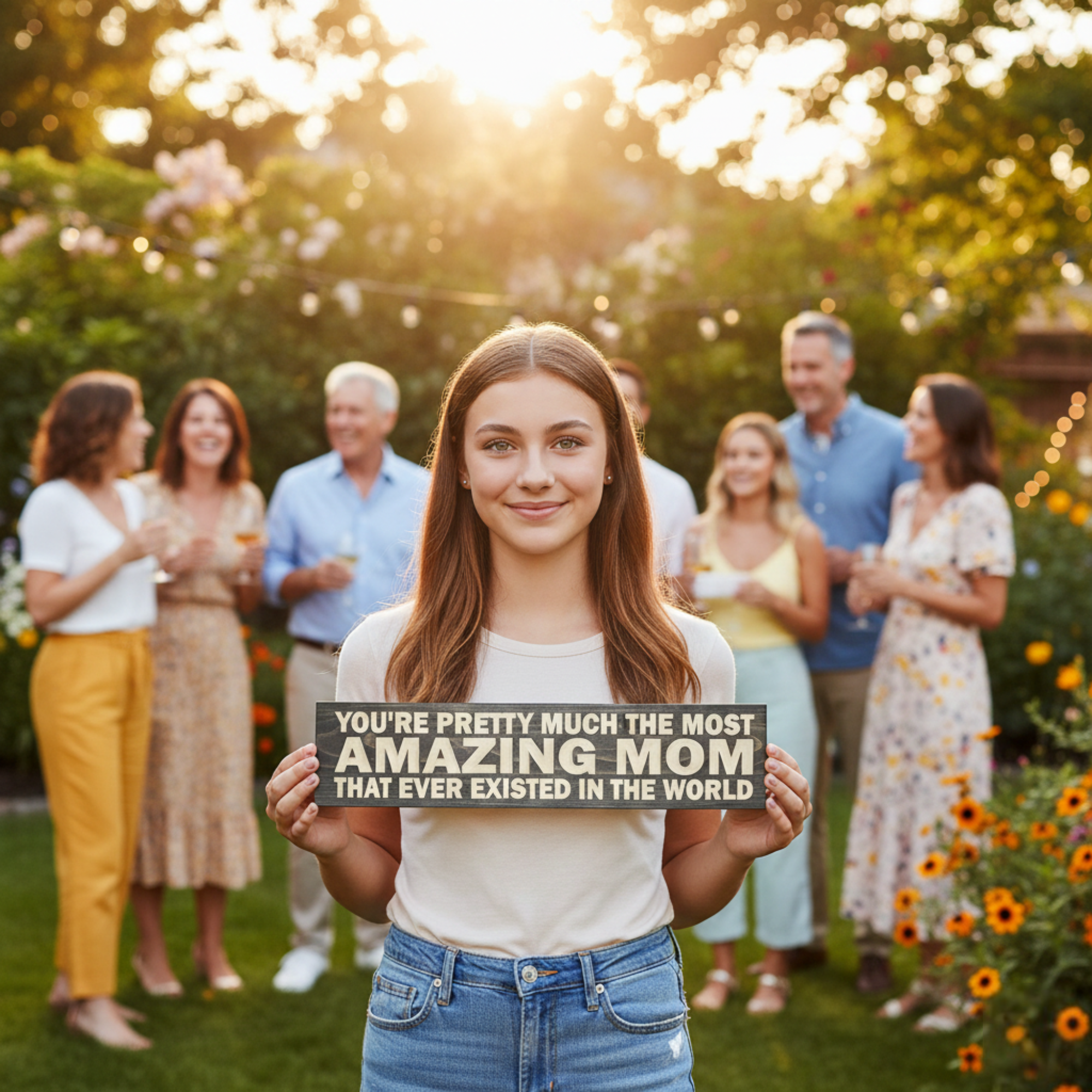 A teenage daughter holding an "Amazing Mom" carved sign at a sunny backyard family gathering.