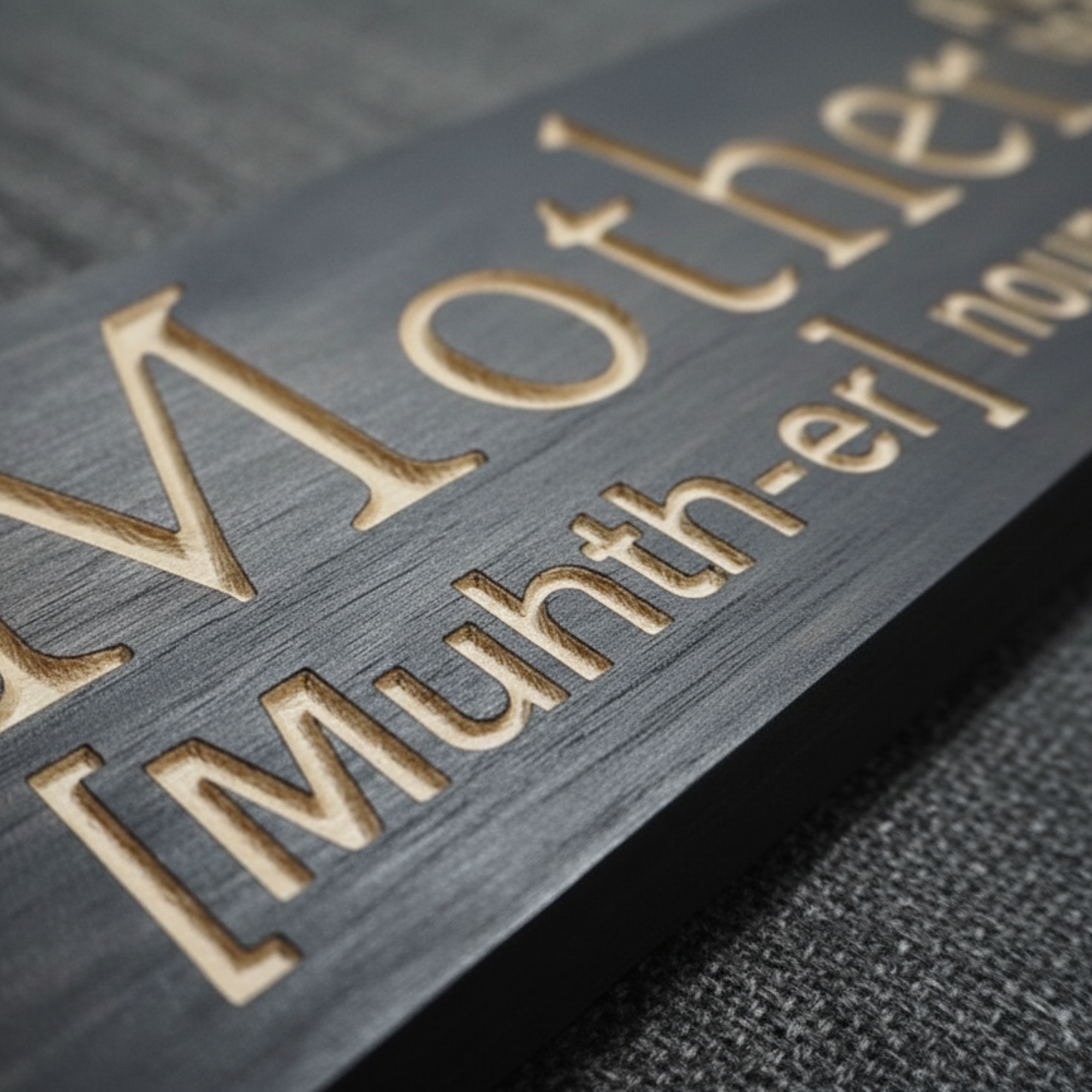 Extreme close-up of the professional CNC carving on a dark stained wood sign, showing no vinyl or stickers were used.