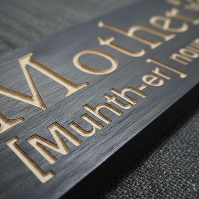 Extreme close-up of the professional CNC carving on a dark stained wood sign, showing no vinyl or stickers were used.