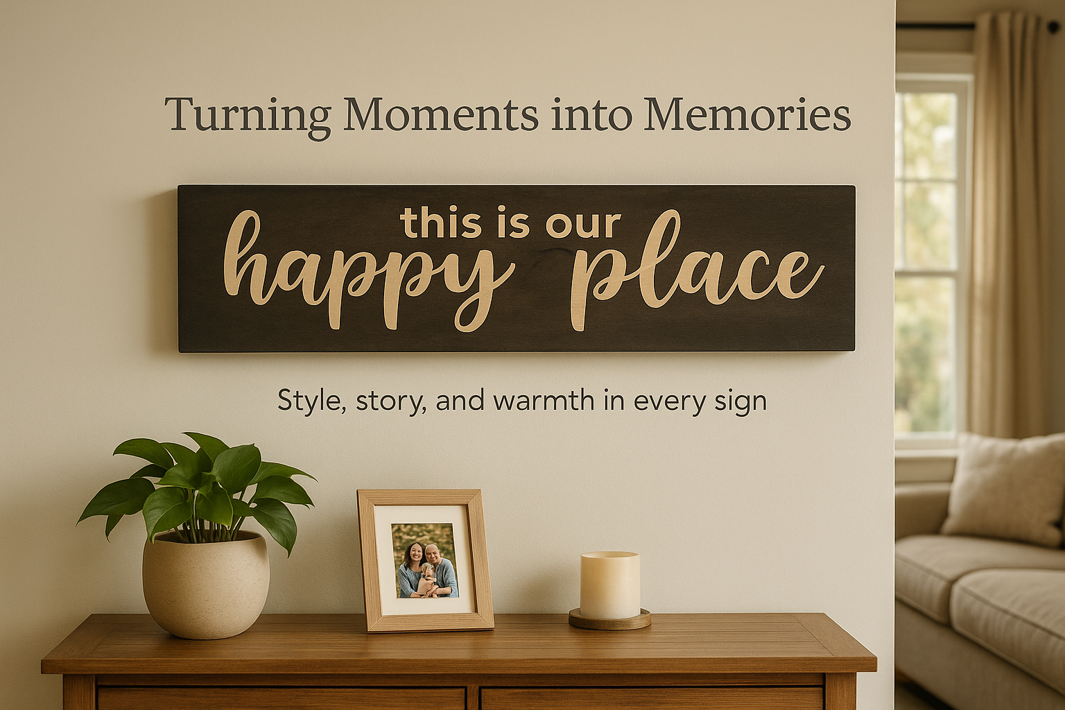 Handmade wood sign reading this is our happy place on wall above console with plant and candle – Bluegrass Gifts décor.