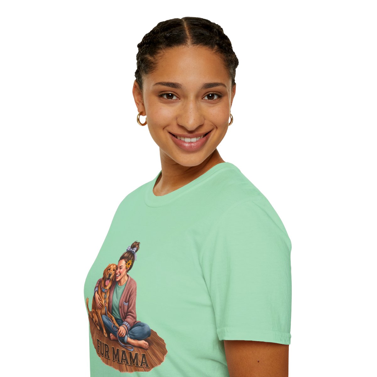 A side profile of a smiling woman wearing a light green Dog Mom Shirt - Fur Mama, with the graphic visible on her chest