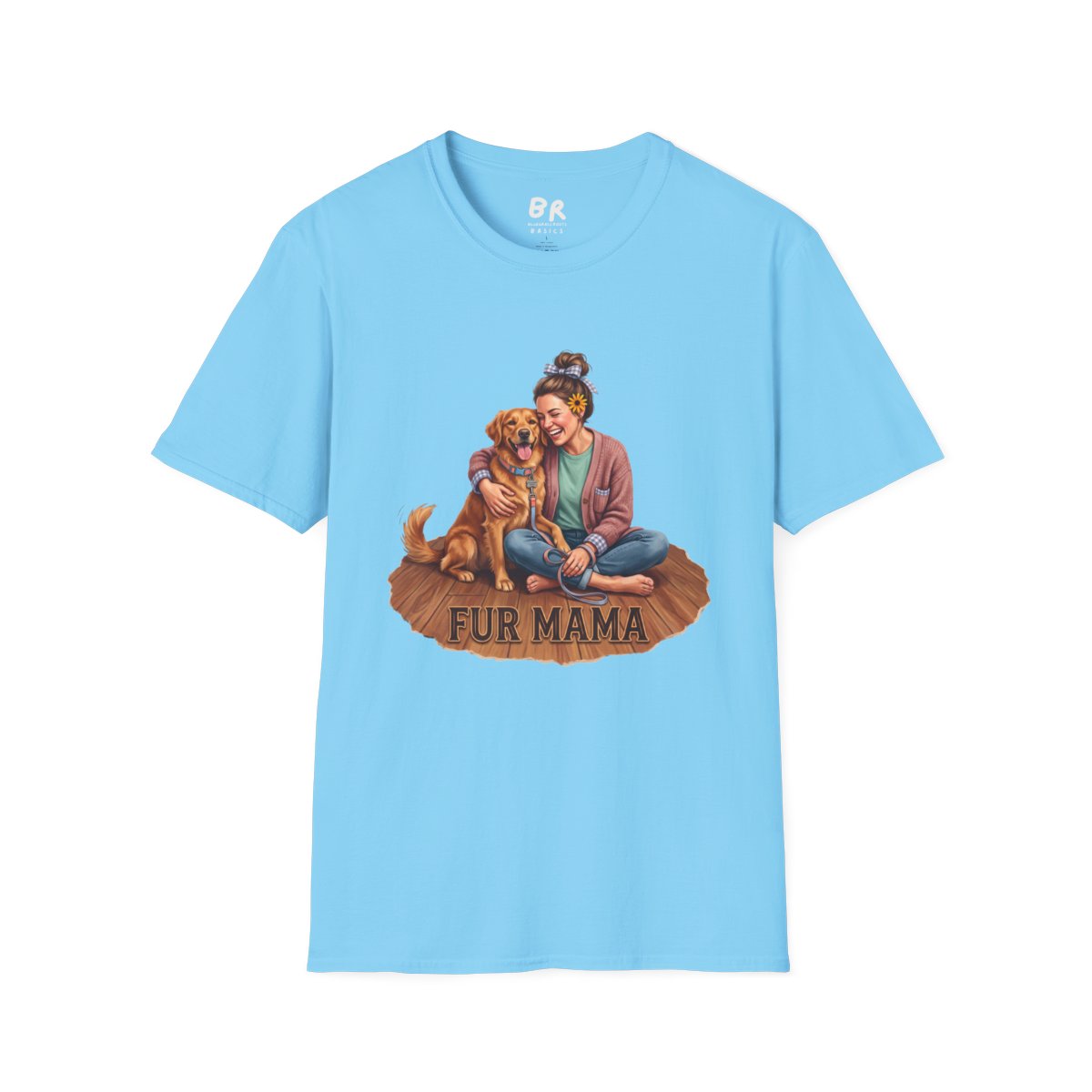 A light blue Dog Mom Shirt - Fur Mama, laid flat on a white background, displaying the graphic and collar label