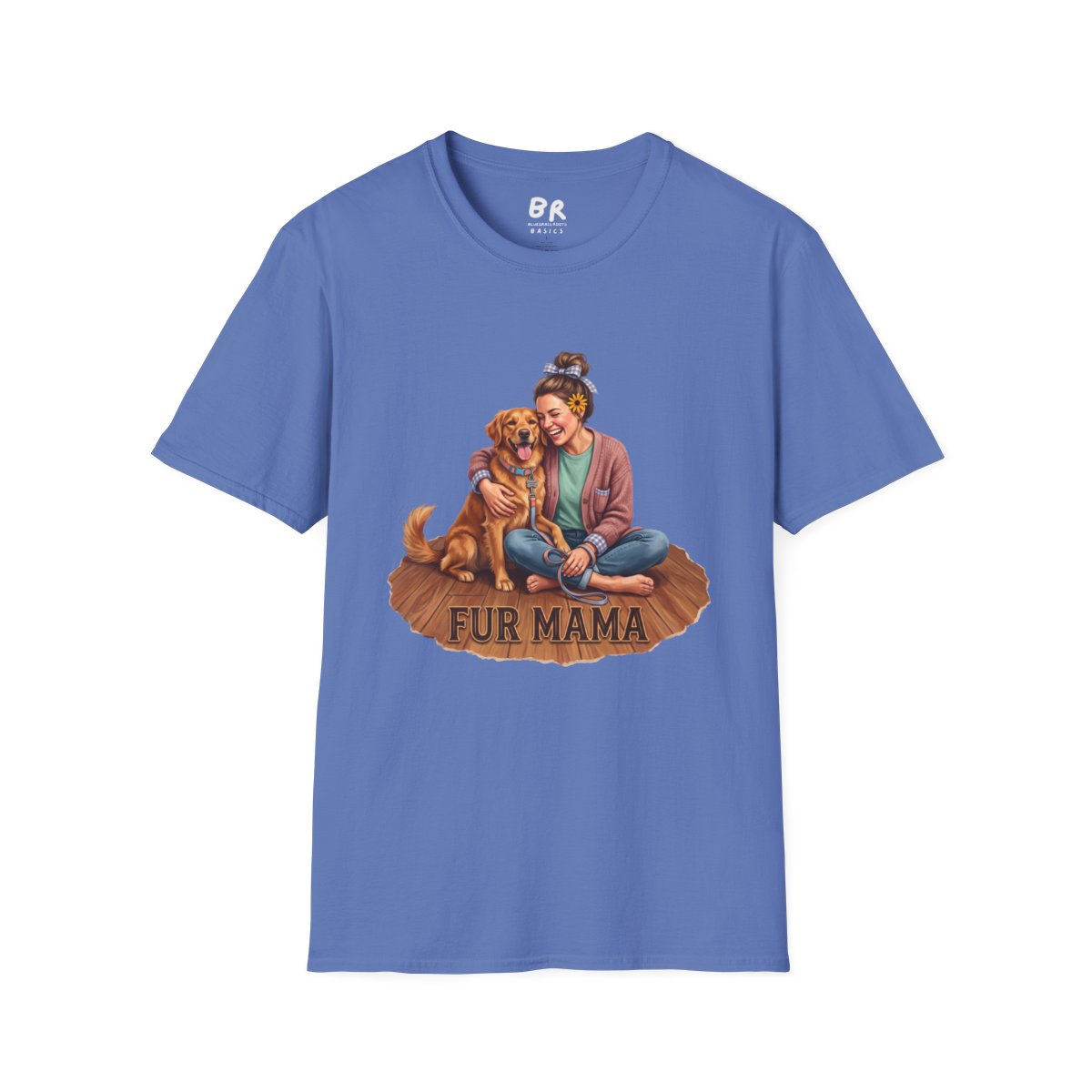 A blue Dog Mom Shirt - Fur Mama is displayed on a white background, featuring the graphic of a woman hugging a golden retriever