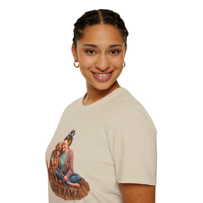 Side profile of a smiling woman in a light tan Dog Mom Shirt - Fur Mama, showing the graphic on the chest