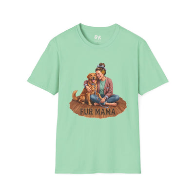 A light green Dog Mom Shirt - Fur Mama laid flat, showing the full graphic of a woman hugging a golden retriever
