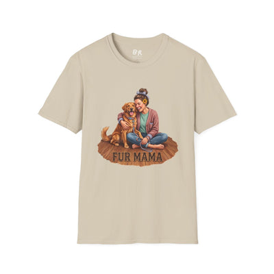 A light beige Dog Mom Shirt - Fur Mama laid flat, showing the full graphic of a woman hugging a golden retriever