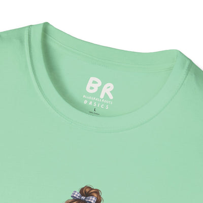 A close-up of the collar of the light green Dog Mom Shirt - Fur Mama, showing the Bluegrass Roots Basics brand label