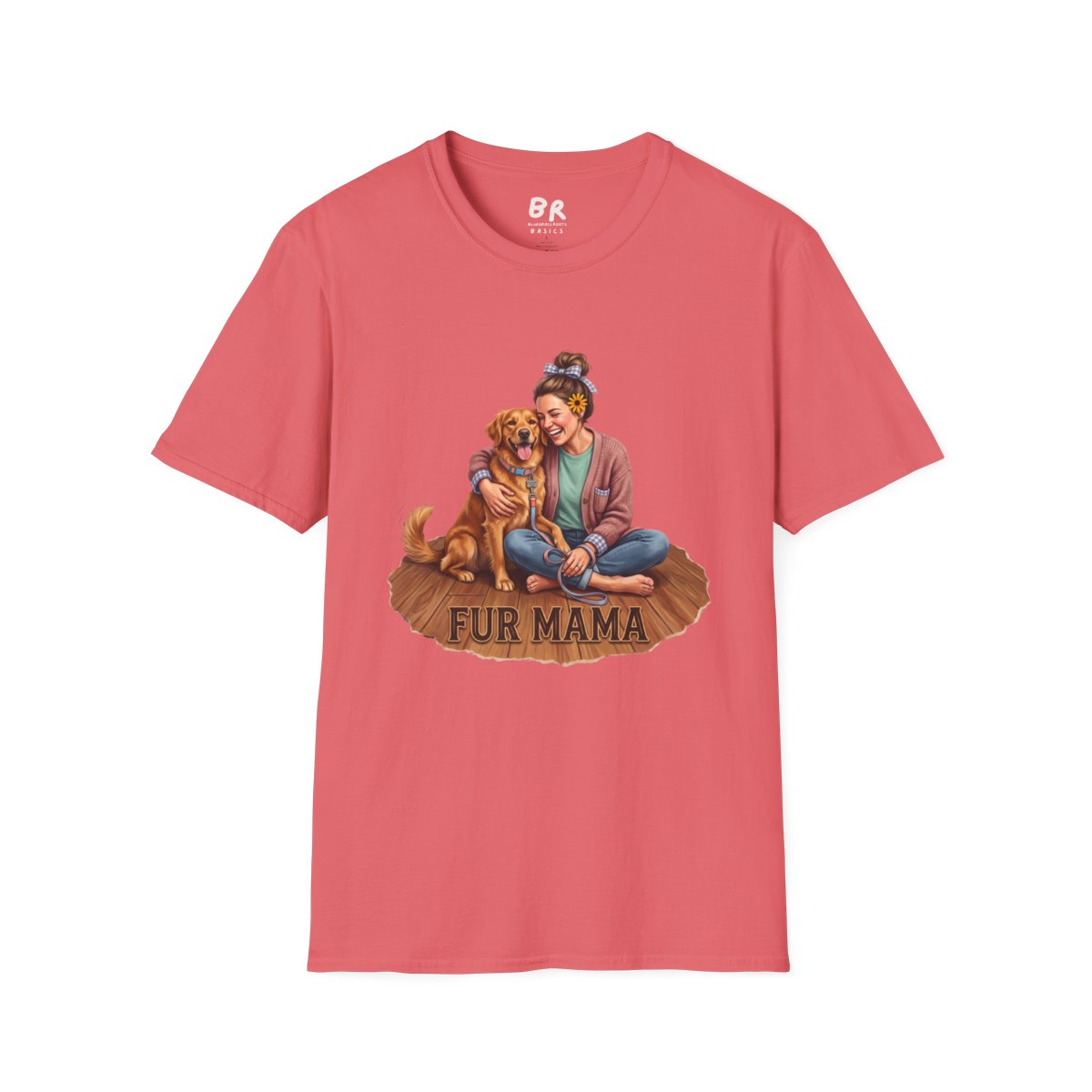A coral pink Dog Mom Shirt - Fur Mama is displayed on a white background, featuring the graphic of a woman hugging a golden retriever