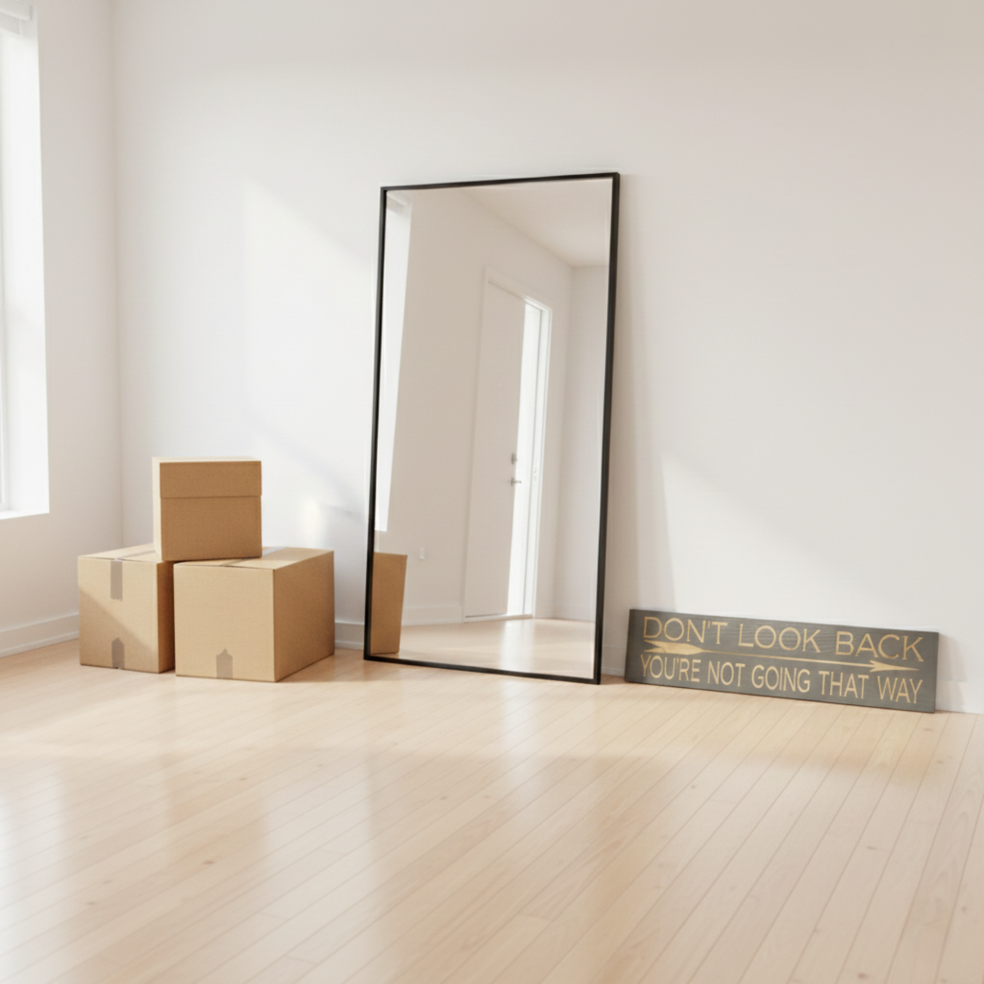 An empty new home with moving boxes featuring the "Don't Look Back You're Not Going That Way" sign leaning against the wall by a mirror.