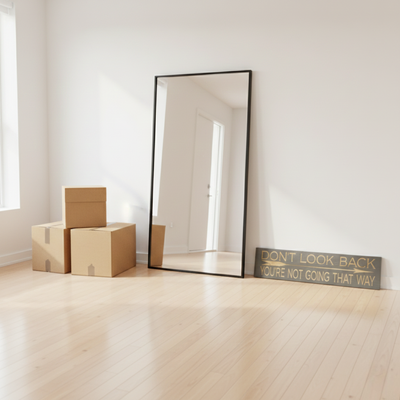 An empty new home with moving boxes featuring the "Don't Look Back You're Not Going That Way" sign leaning against the wall by a mirror.
