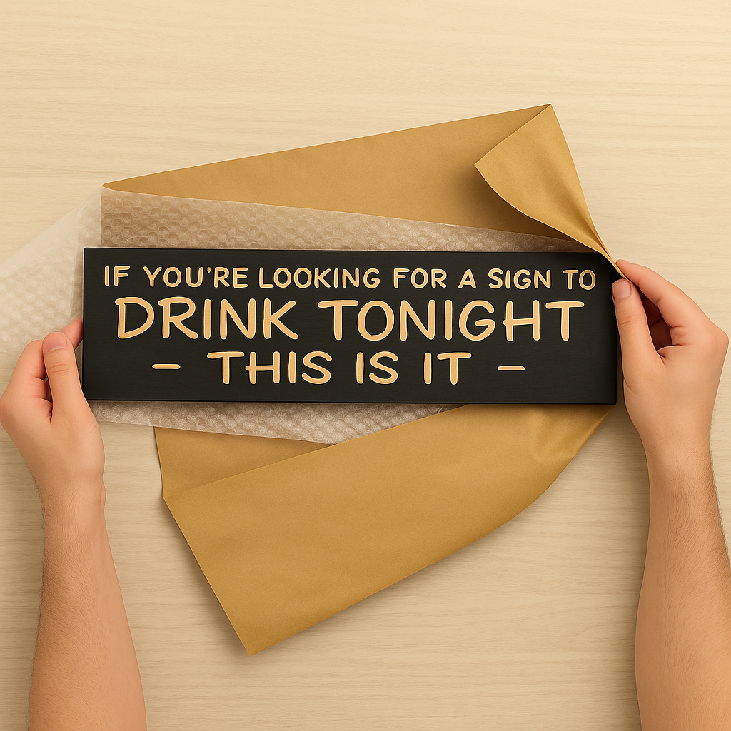 Funny drinking wood sign reading “If you’re looking for a sign to drink tonight—this is it” being unboxed on a worktable.