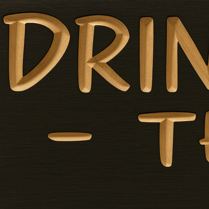 Close-up of CNC V-carved letters on the “Drink Tonight—This Is It” wood sign showing carved depth and wood grain.