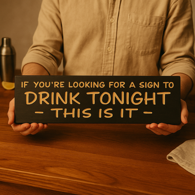 Hands holding the “Drink Tonight—This Is It” CNC-carved wood sign over a bar counter to show size and detail.