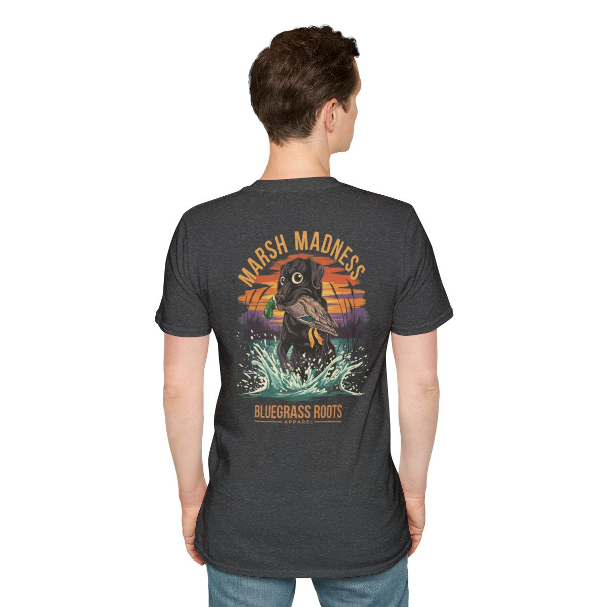 Duck Hunting Shirt — "Marsh Madness" Duck Dog Graphic Tee in Dark Heather
