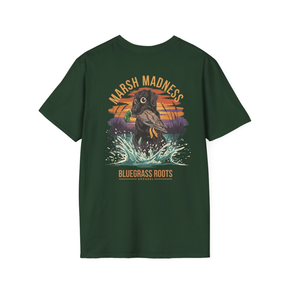 Duck Hunting Shirt — "Marsh Madness" Duck Dog Graphic Tee in Forest Green