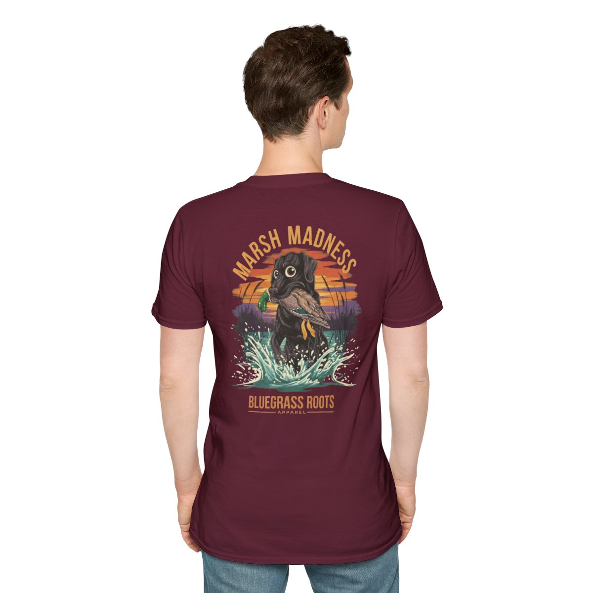 Duck Hunting Shirt — "Marsh Madness" Duck Dog Graphic Tee in Maroon