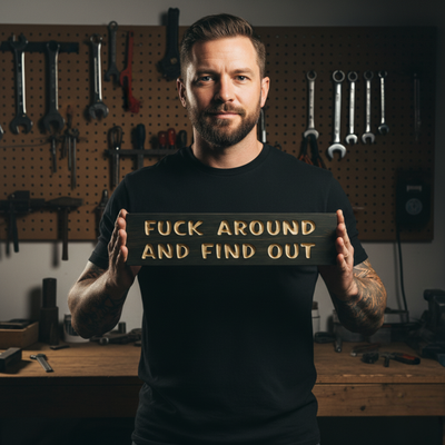 A man with tattoos holding a dark, carved "Fuck Around and Find Out" sign directly to the camera in his workshop.