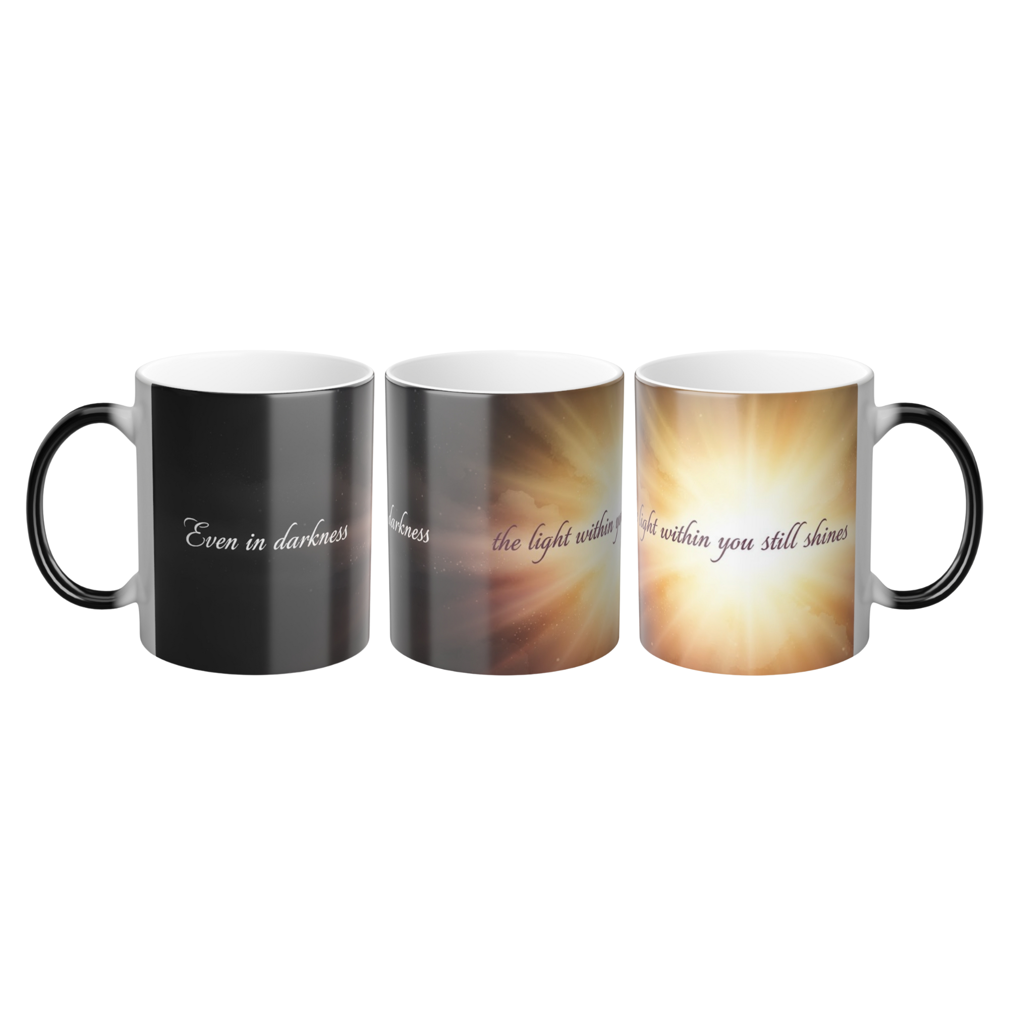 Three-stage reveal of inspirational quote across heat-reactive mug
