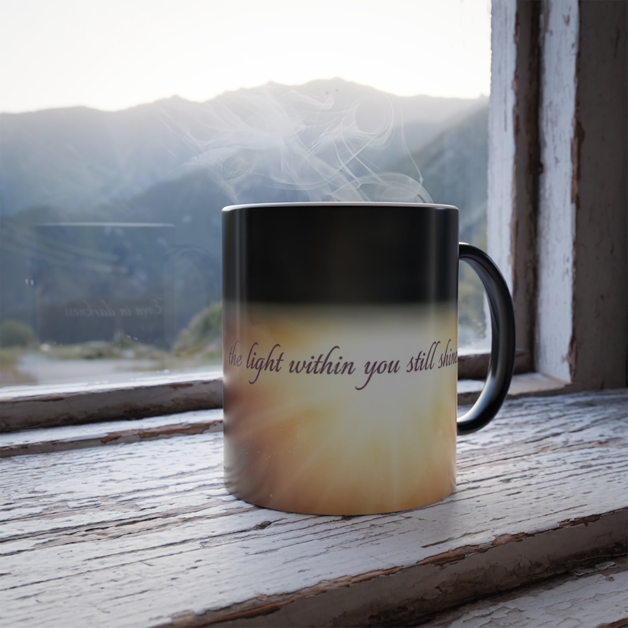 Mid-reveal of the quote as the mug heats up in natural light