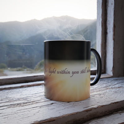 Mid-reveal of the quote as the mug heats up in natural light