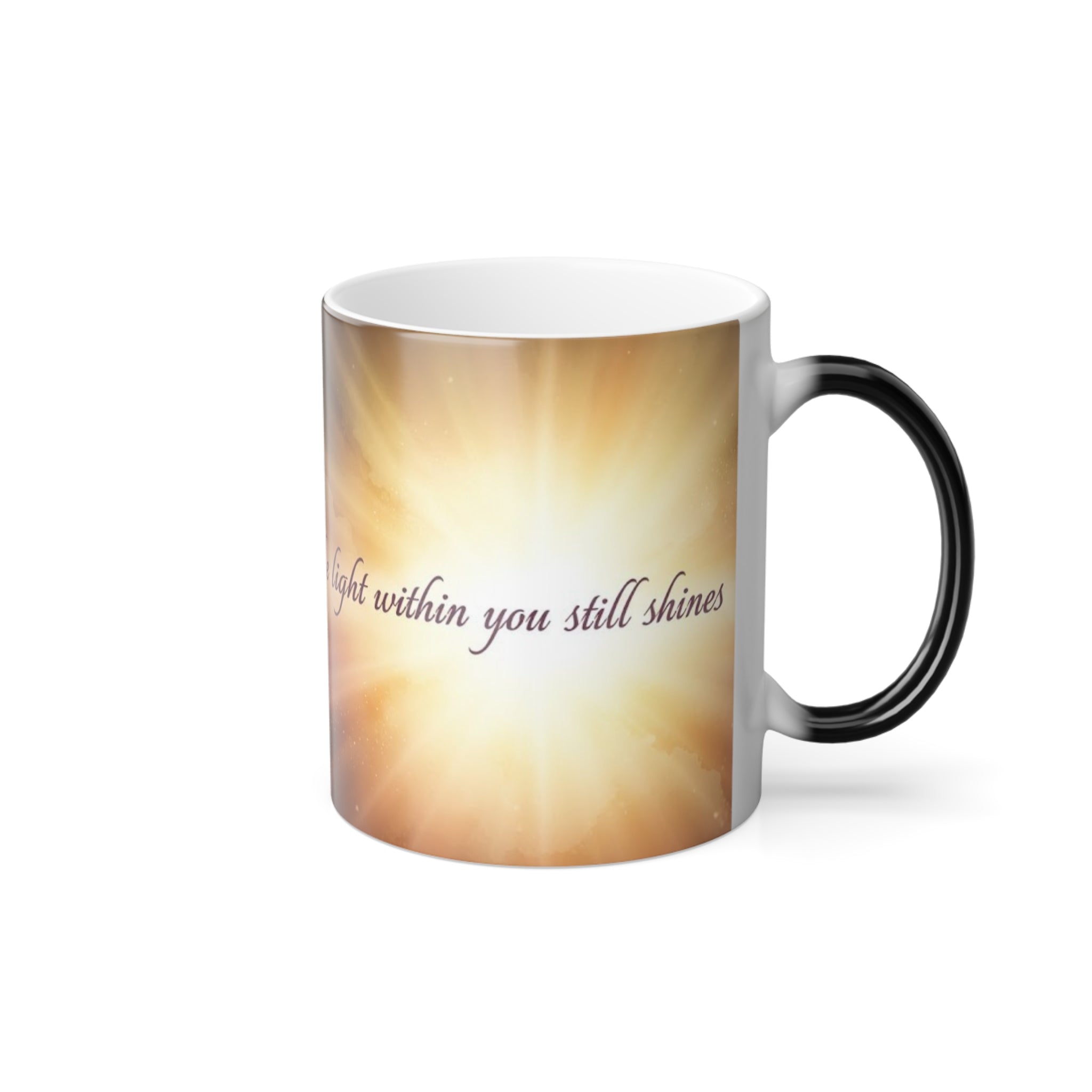 Right side of the “Even in Darkness” magic mug with glowing light and inspirational quote revealed