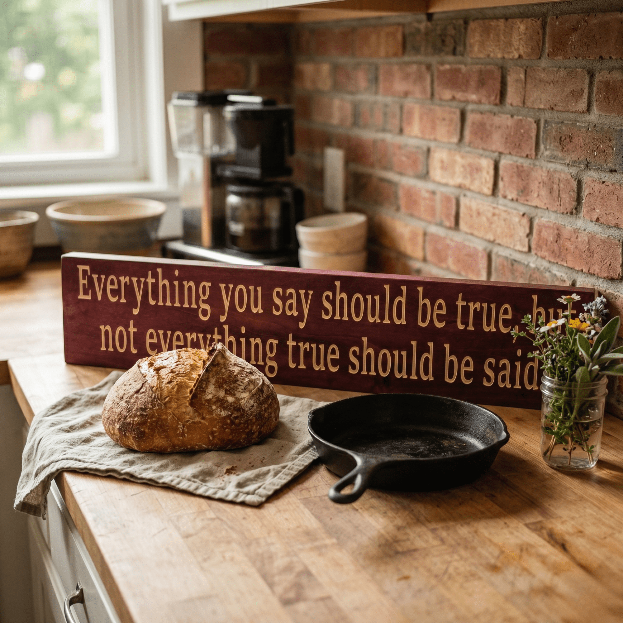Everything You Say Should Be True inspirational wood sign displayed on a rustic kitchen counter with sourdough bread, cast iron skillet, and wildflowers