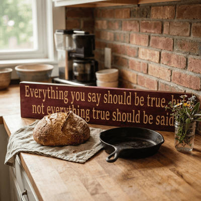 Everything You Say Should Be True inspirational wood sign displayed on a rustic kitchen counter with sourdough bread, cast iron skillet, and wildflowers