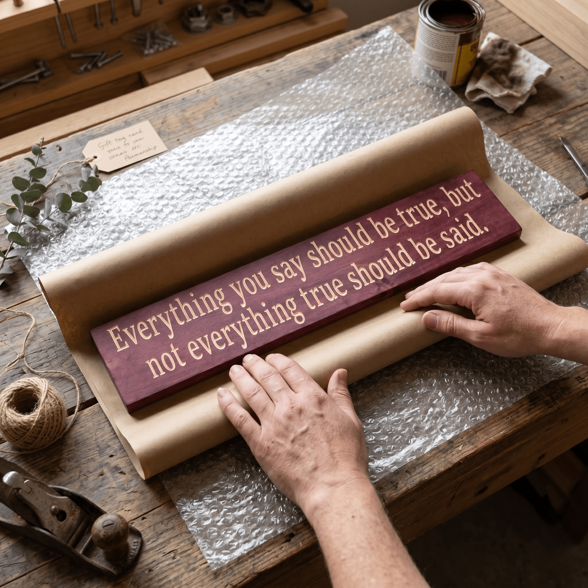 Everything You Say Should Be True wood sign being hand-wrapped on a workbench with bubble wrap, kraft paper, and gift tag at Bluegrass Gifts Kentucky workshop