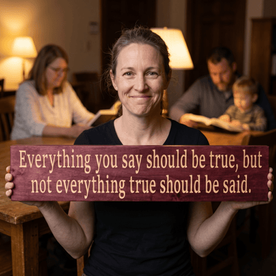 Smiling woman holding the Everything You Say Should Be True CNC-carved wood sign in a warm family room, a meaningful gift for someone who values wisdom