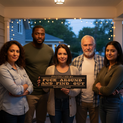 Group of people holding “Protected by Fuck Around and Find Out” wooden sign on porch as humorous home security décor.