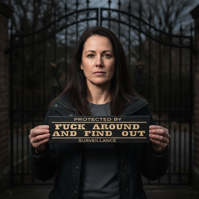 Woman holding “Protected by Fuck Around and Find Out” wooden surveillance sign in front of gated entrance.