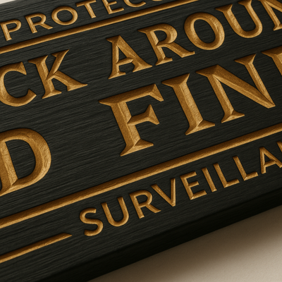 Close-up of engraved letters on the “Protected by Fuck Around and Find Out” wooden sign showing CNC carving details.