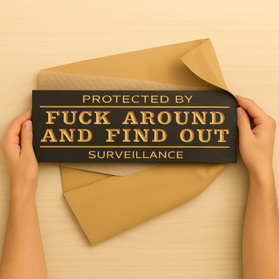 Hands unwrapping “Protected by Fuck Around and Find Out” wooden security sign, showing gift-ready packaging.