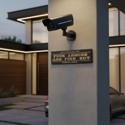 Wooden “Protected by Fuck Around and Find Out” sign mounted on concrete post beneath outdoor surveillance camera.