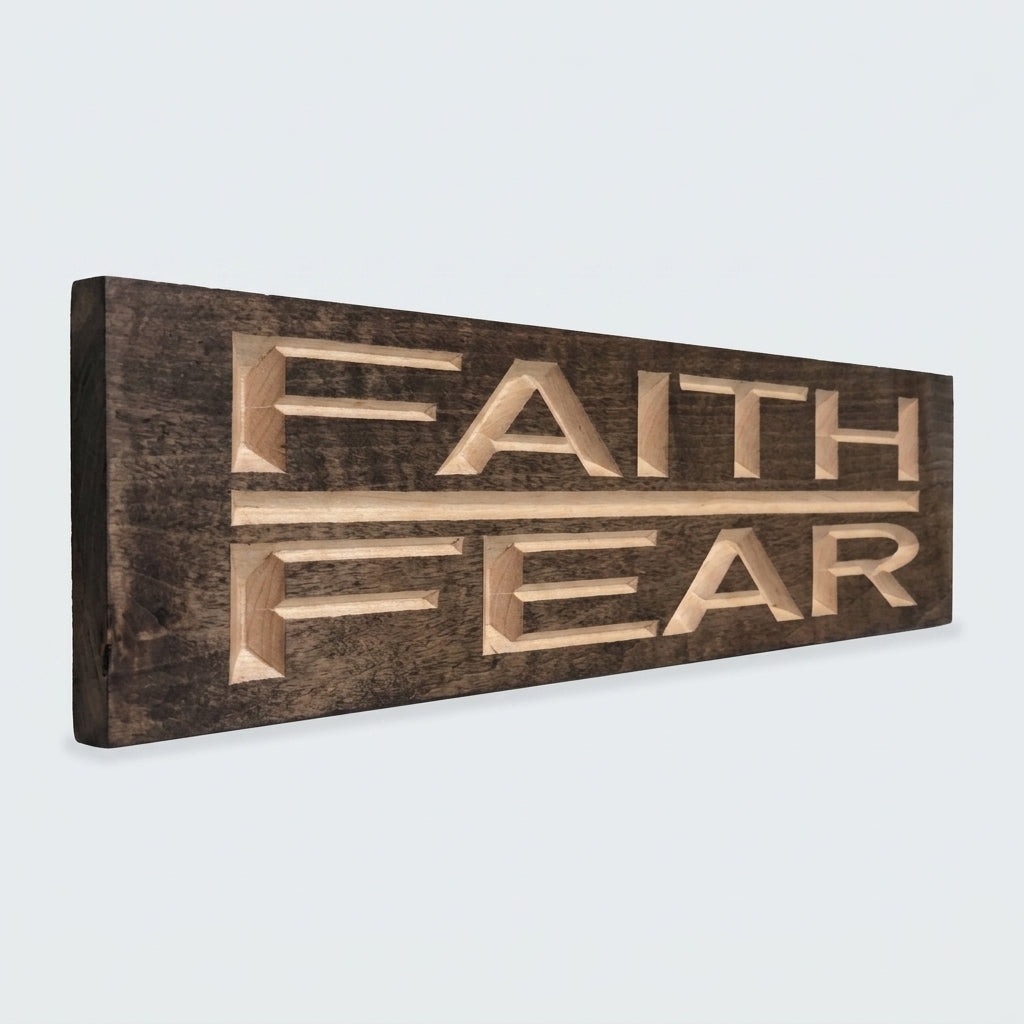 Faith Over Fear Sign — Carved Wood Christian Farmhouse Decor