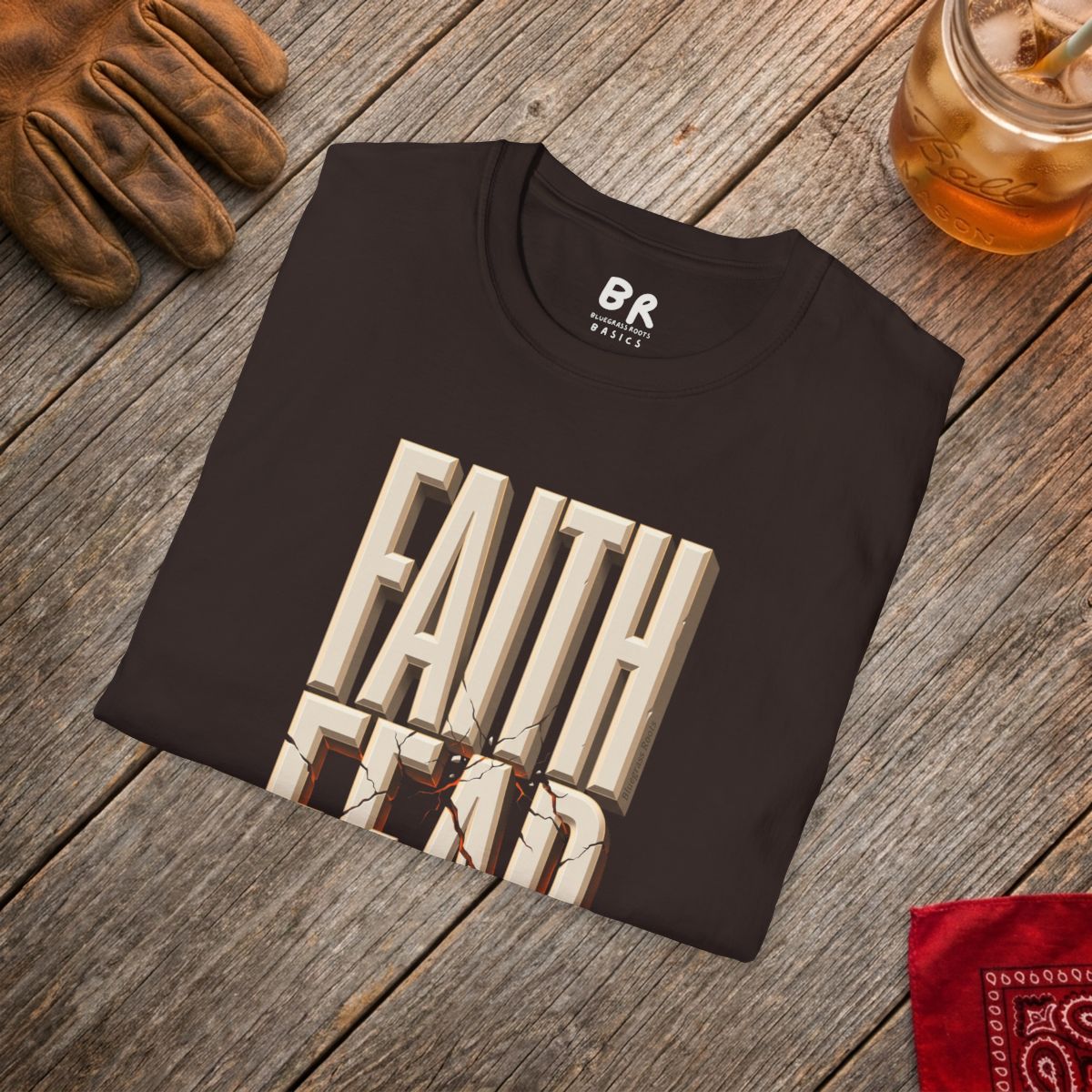 Faith Over Fear Shirt — Isaiah 41:10 Cracked Stone Bible Verse Tee in Dark Chocolate