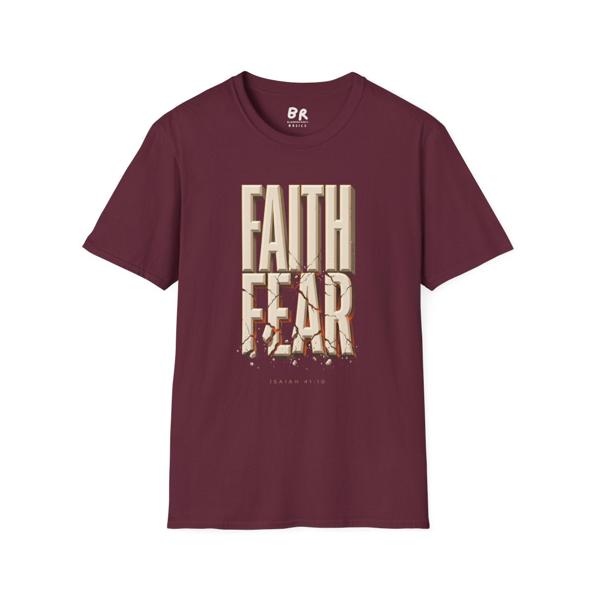 Faith Over Fear Shirt — Isaiah 41:10 Cracked Stone Bible Verse Tee in Maroon