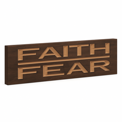 Faith Over Fear wooden wall sign – angled side view showing carved lettering depth and smooth wood grain
