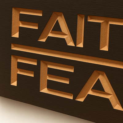 Close-up of Faith Over Fear wooden sign showing CNC V-carved letters and detailed wood grain texture.