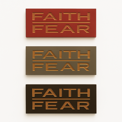 Faith Over Fear wooden signs – three finish options displayed: barn red, weathered gray, and dark walnut, perfect farmhouse wall art.