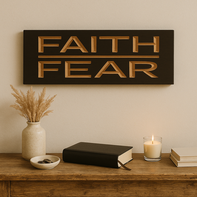 Faith Over Fear farmhouse wooden sign displayed on entryway table with candle and Bible – Christian home décor inspiration.