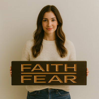 Woman holding Faith Over Fear carved wood sign – shows true size and scale for home wall décor.