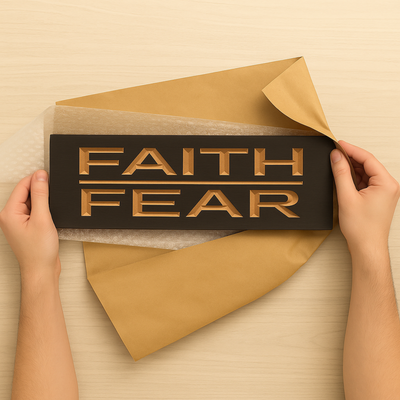 Faith Over Fear carved wood sign being unboxed – handmade inspirational wall art packaged for shipping.