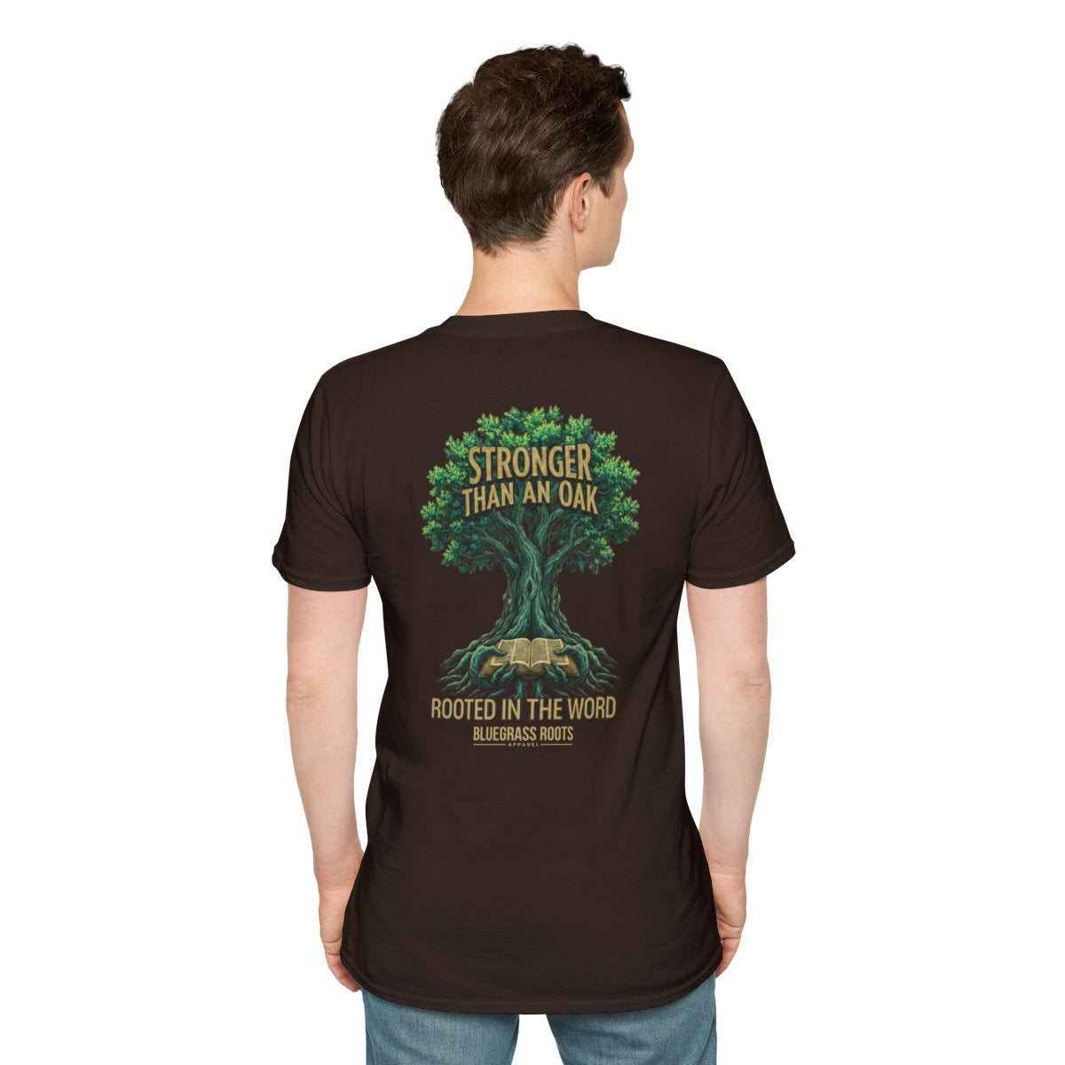 Faith Shirt for Men — "Stronger Than an Oak" Graphic Tee in Dark Chocolate